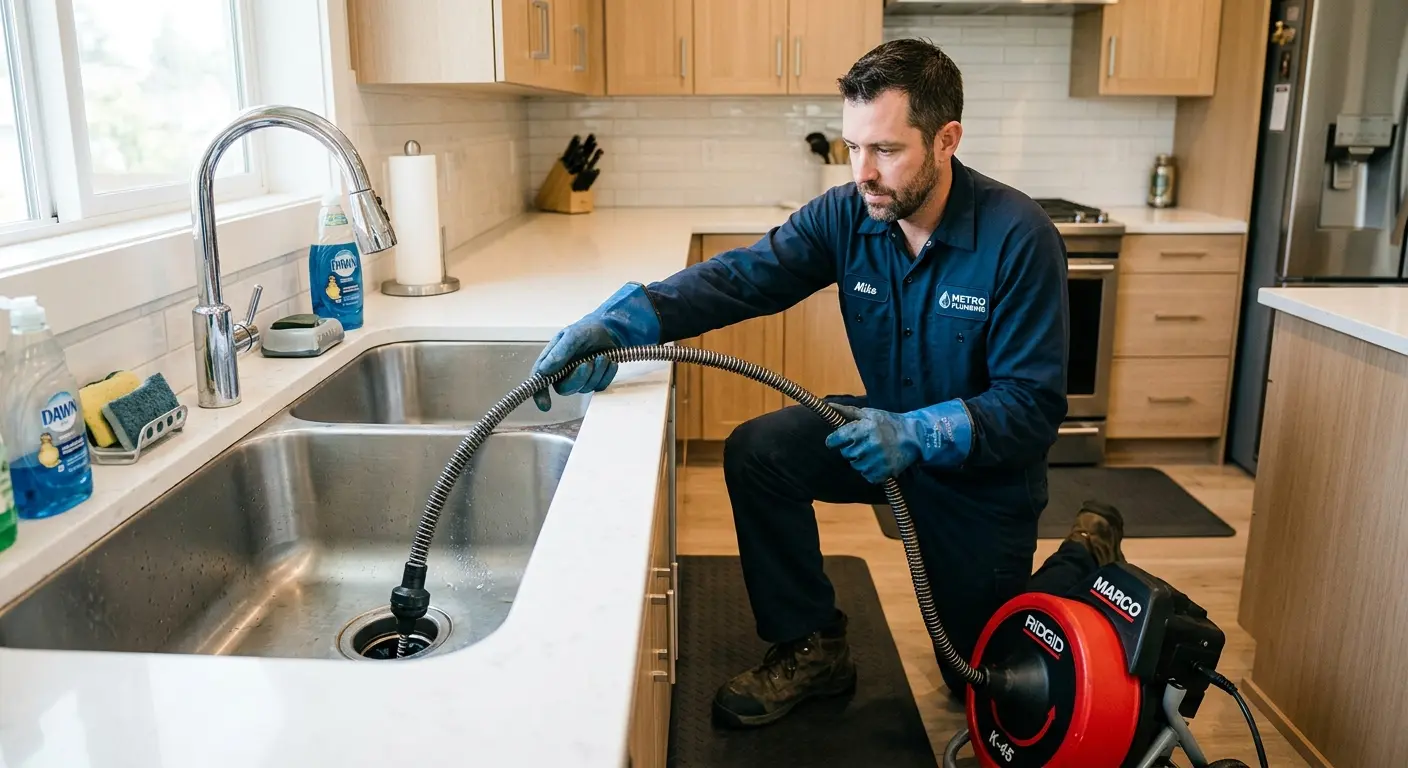 Drain cleaning technician using a motorized snake on a kitchen sink in Devils Lake