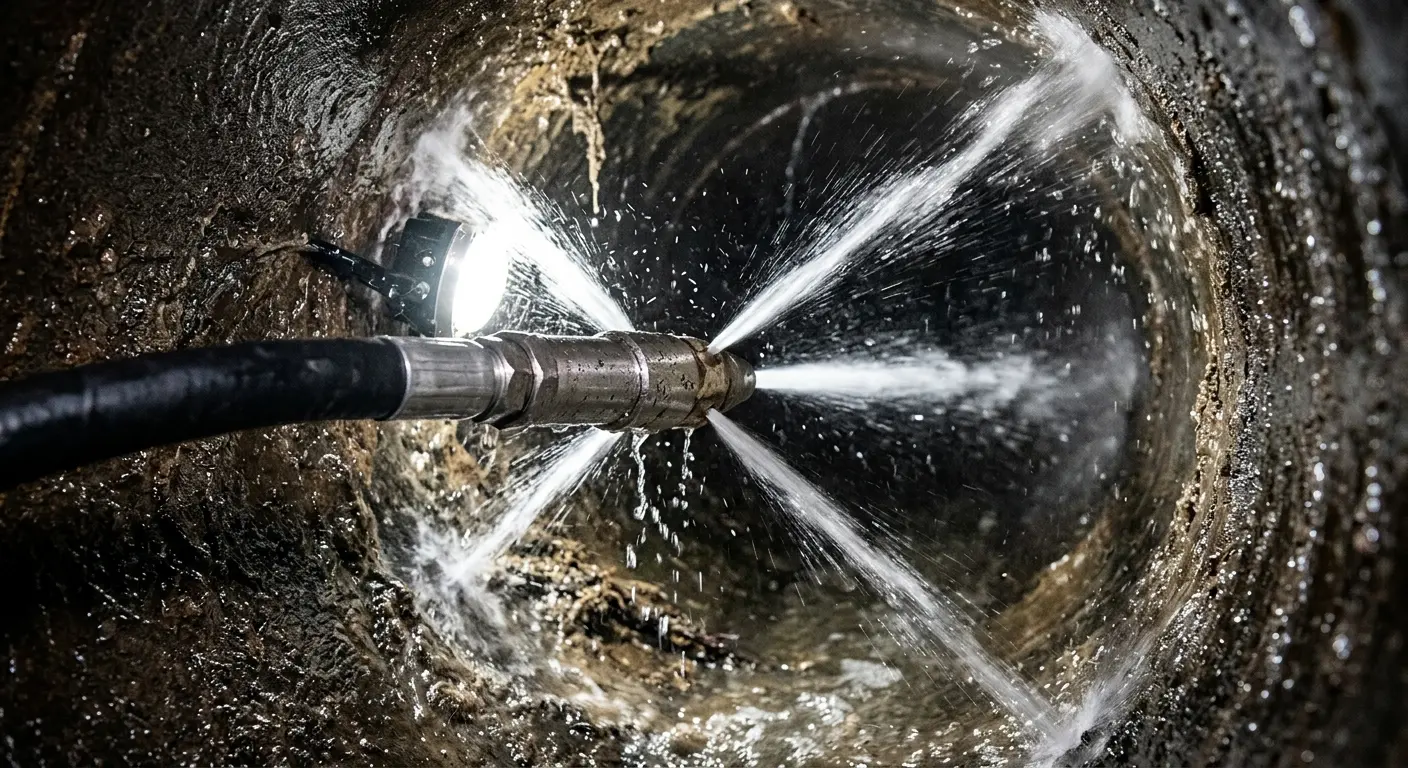 High-pressure hydro jetting nozzle cleaning sewer pipe for Trenchless Sewer Repair in Devils Lake