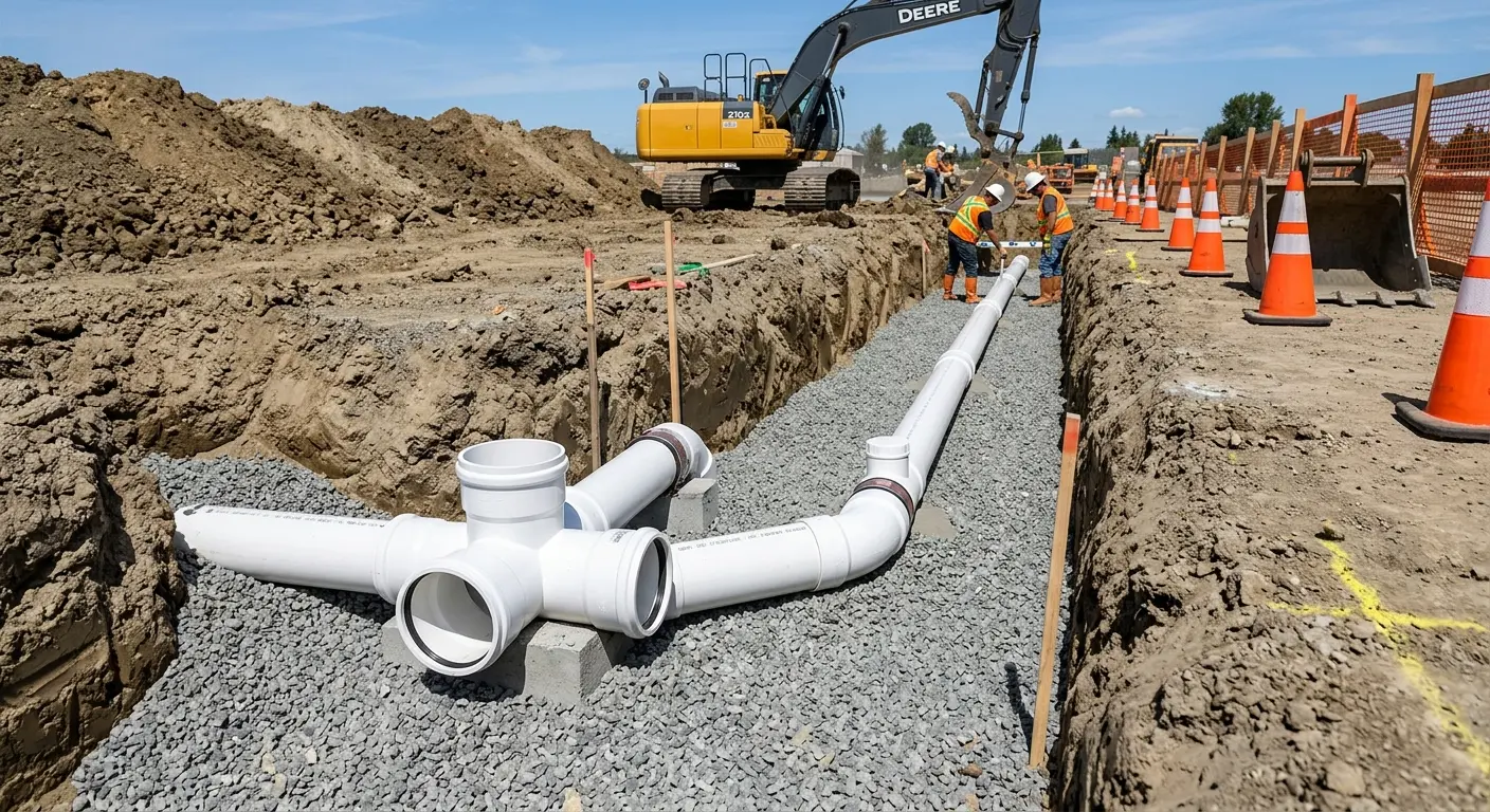 New PVC sewer pipe installation in open trench for Commercial Drain Cleaning in Devils Lake