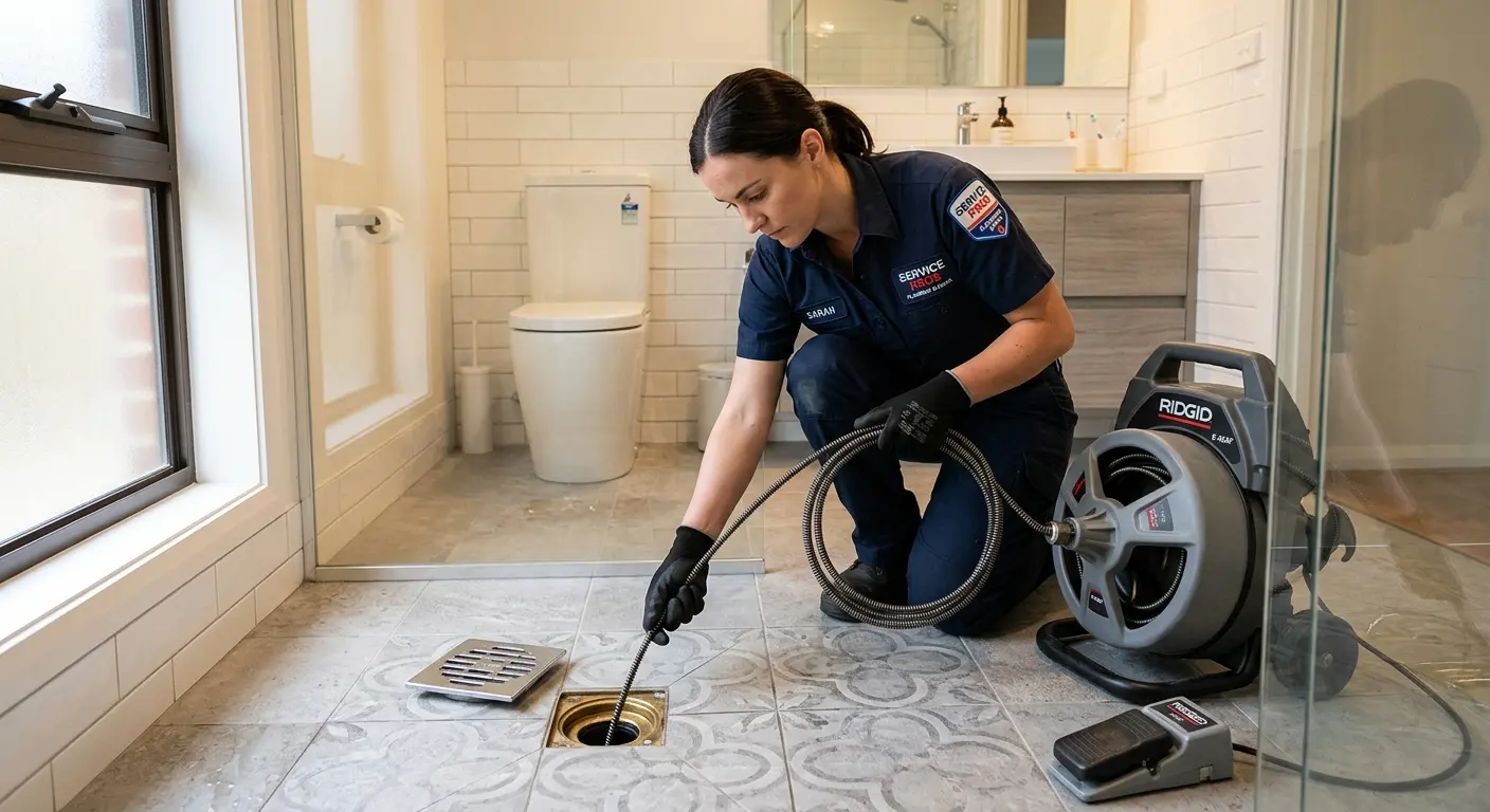 Technician clearing a bathroom floor drain for Sewer Line Replacement in Devils Lake